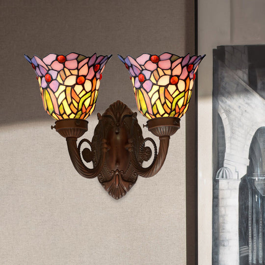 Mediterranean Glass Wall Sconce Lighting Pink/Blue Flared Design With Hand-Cut 2 Heads Fruit Pattern