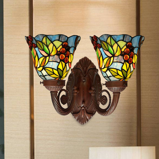 Mediterranean Glass Wall Sconce Lighting Pink/Blue Flared Design With Hand-Cut 2 Heads Fruit Pattern