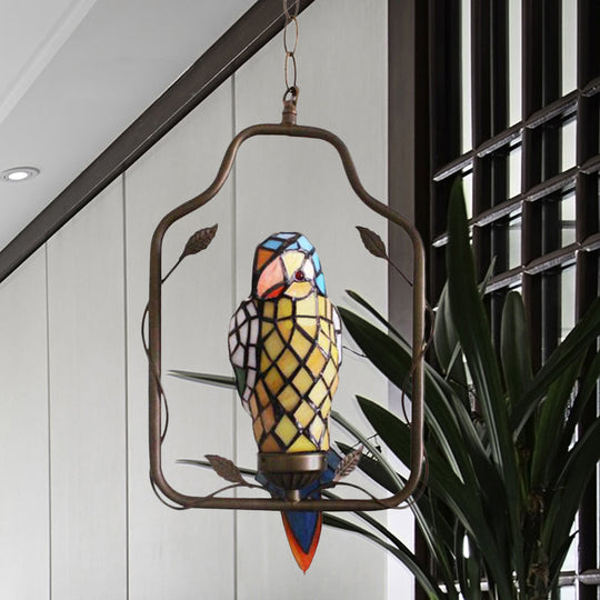 Tiffany Style Hand Cut Glass Parrot Shaped Sconce Light - Yellow Wall Lighting With Perch Swing