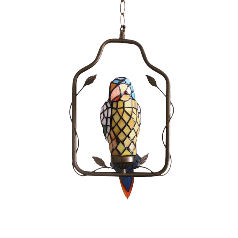 Tiffany Style Hand Cut Glass Parrot Shaped Sconce Light - Yellow Wall Lighting With Perch Swing