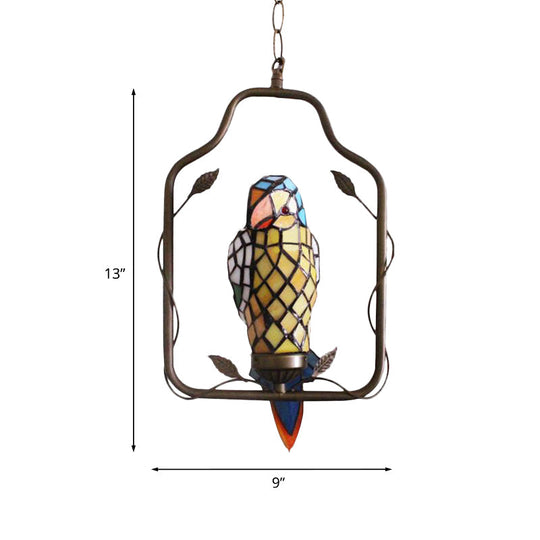 Yellow Tiffany Style Parrot Shaped Wall Sconce Light - Hand Cut Glass, Perch Swing Included