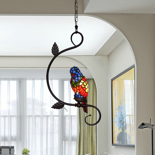 Victorian Stained Glass Parrot Pendant Light Kit - 1-Light Yellow/Blue Ceiling Suspension Lamp with Curvy Arm