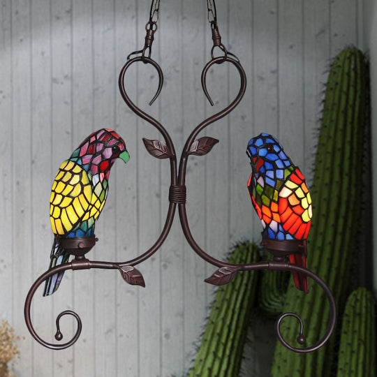 Bronze Parrot Chandelier: Cut Glass, Baroque Style, 2 Heads Pendant Lighting with Elegant Frame