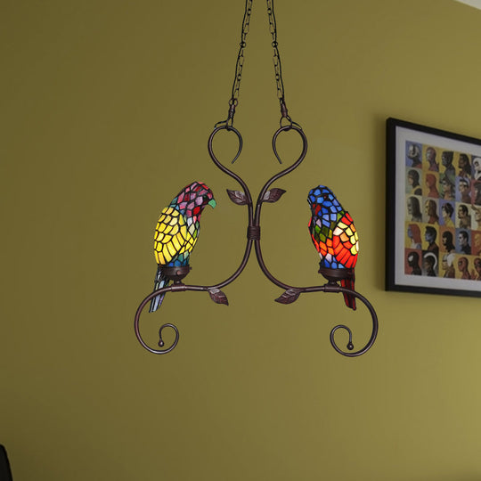 Bronze Parrot Chandelier: Cut Glass, Baroque Style, 2 Heads Pendant Lighting with Elegant Frame