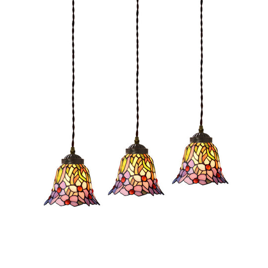 Mediterranean 3-Light Multi Pendant with Stained Glass Shades in Pink/Blue/Green