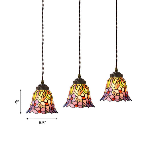 Mediterranean 3-Light Multi Pendant with Stained Glass Shades in Pink/Blue/Green