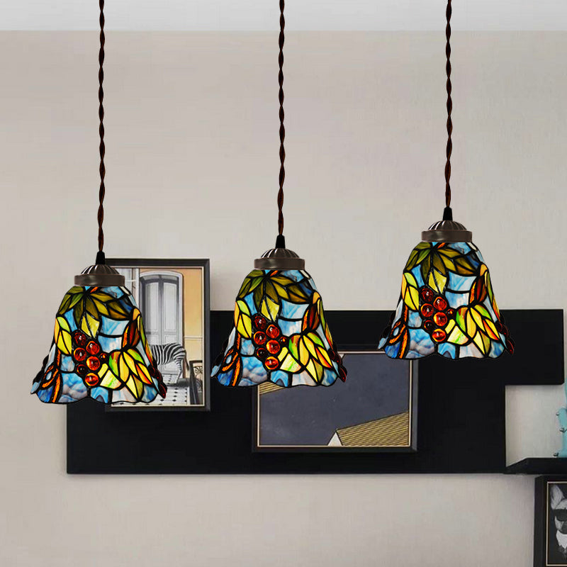 Mediterranean 3-Light Multi Pendant with Stained Glass Shades in Pink/Blue/Green