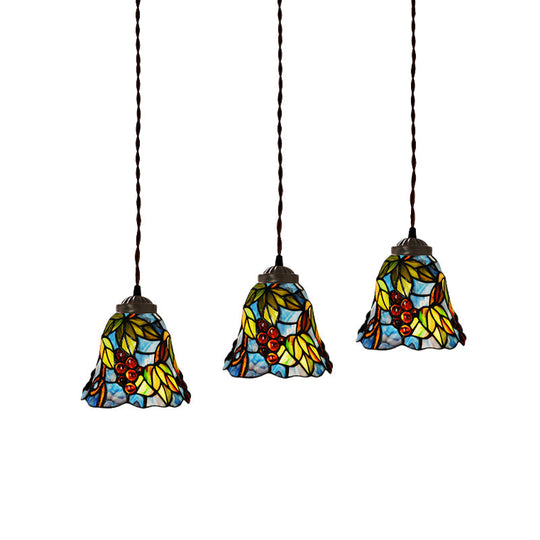 Mediterranean 3-Light Multi Pendant with Stained Glass Shades in Pink/Blue/Green