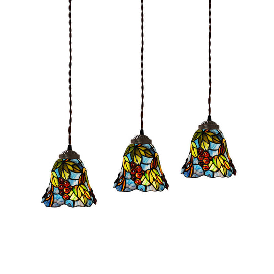 3-Light Mediterranean Pendant Light For Dining Room - Pink/Blue/Green Stained Glass Shade