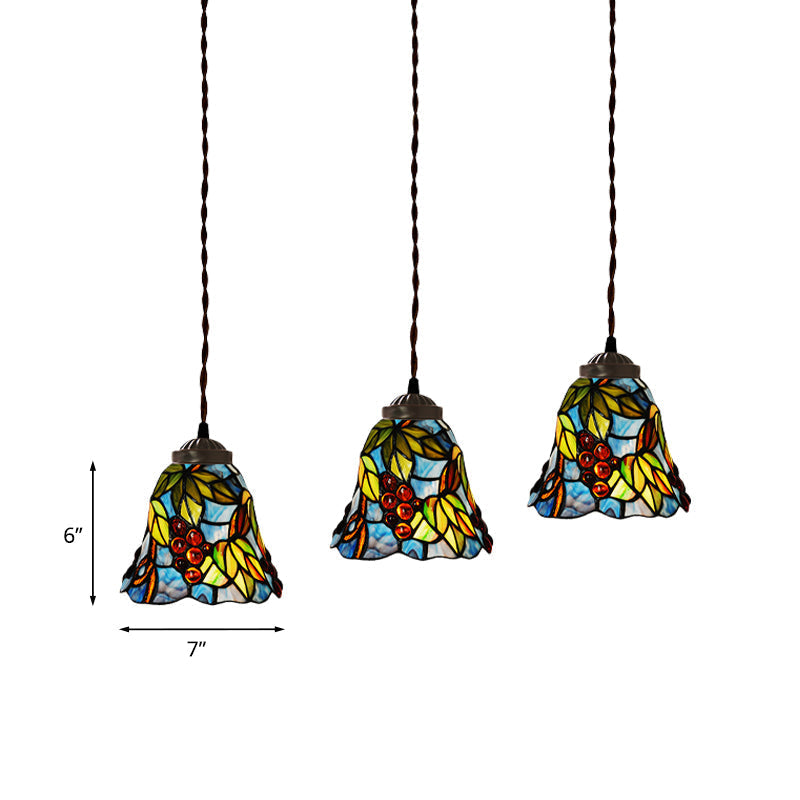 3-Light Mediterranean Pendant Light For Dining Room - Pink/Blue/Green Stained Glass Shade