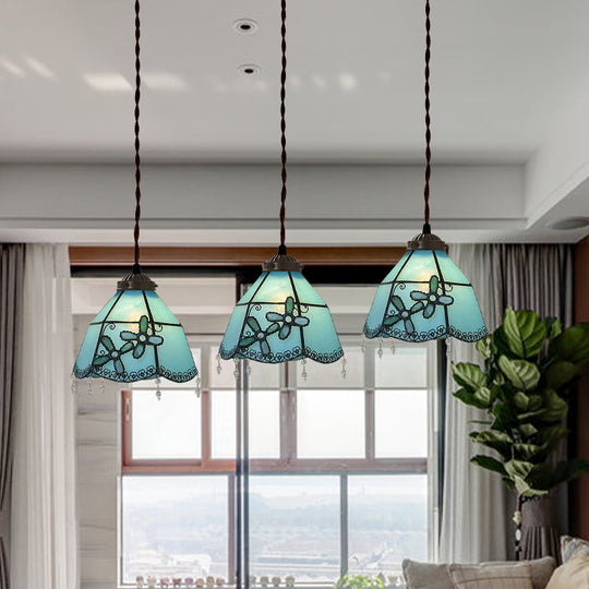 3-Light Mediterranean Pendant Light For Dining Room - Pink/Blue/Green Stained Glass Shade