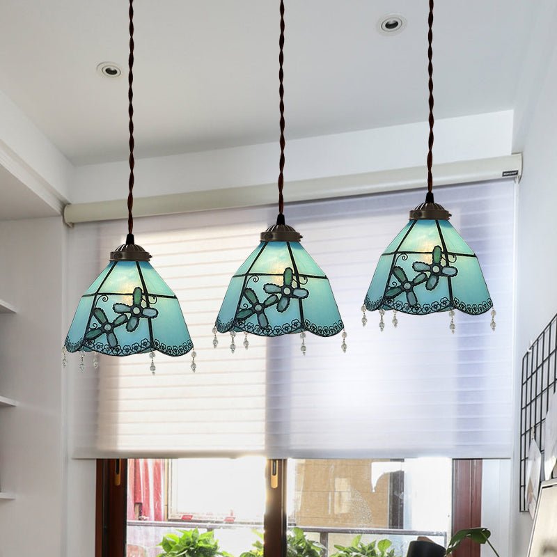 3-Light Mediterranean Pendant Light For Dining Room - Pink/Blue/Green Stained Glass Shade