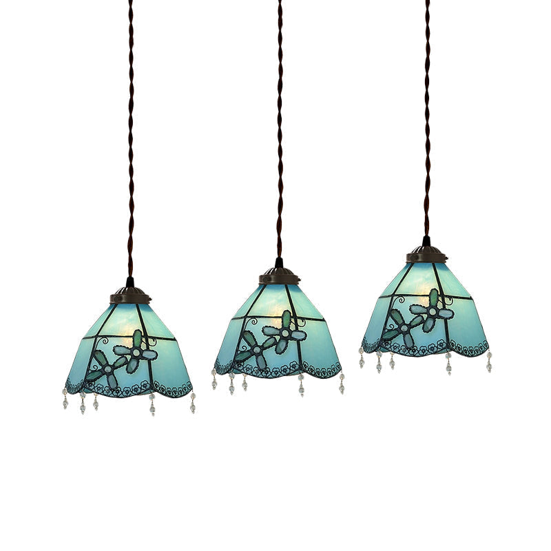 Mediterranean 3-Light Multi Pendant with Stained Glass Shades in Pink/Blue/Green