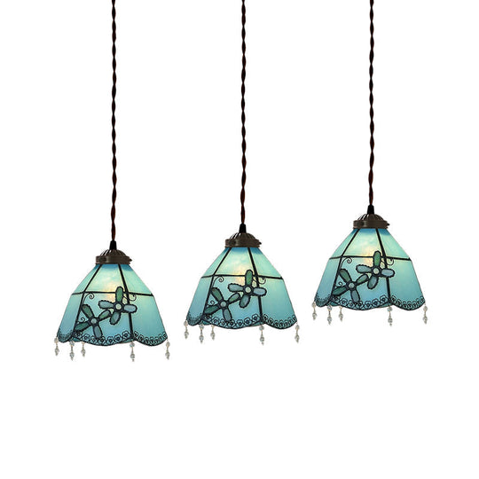 Mediterranean 3-Light Multi Pendant with Stained Glass Shades in Pink/Blue/Green