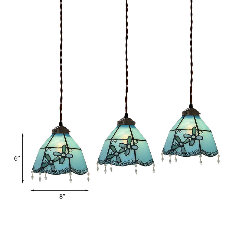 3-Light Mediterranean Pendant Light For Dining Room - Pink/Blue/Green Stained Glass Shade