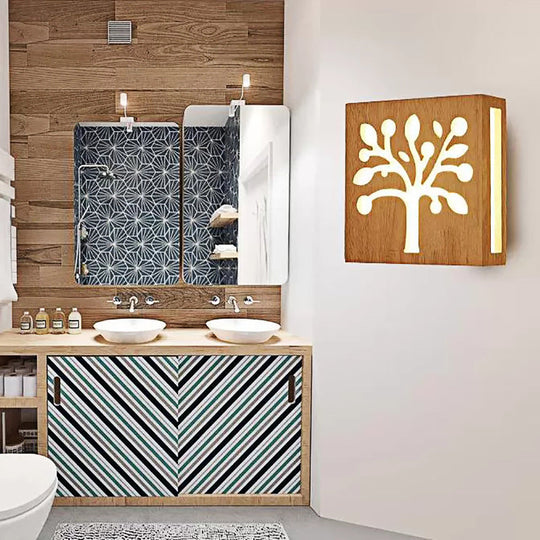 Beige Square Sconce Light: Tree Kids Wood Wall Light For Cozy Child Bedroom