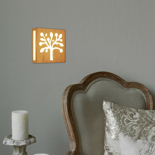 Beige Square Sconce Light: Tree Kids Wood Wall Light For Cozy Child Bedroom