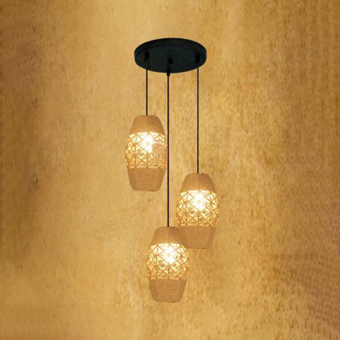 3-Light Industrial Pendant Light with Natural Beige Rope, Round Canopy, and Oval Shade