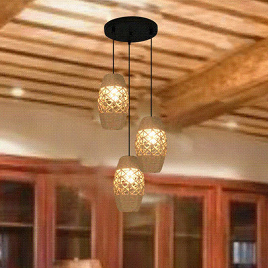 3-Light Industrial Pendant Light with Natural Beige Rope, Round Canopy, and Oval Shade