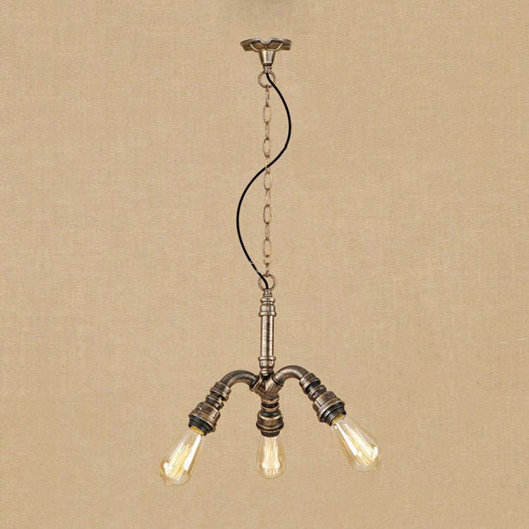 Bronze Antique 3-Light Farmhouse Chandelier With Open Bulbs And Pipe Accent - Stylish Hanging