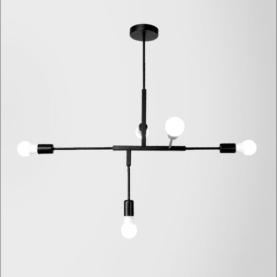 Industrial Style Iron 5-Light Hanging Chandelier With Exposed Bulbs - Black Finish For Living Room