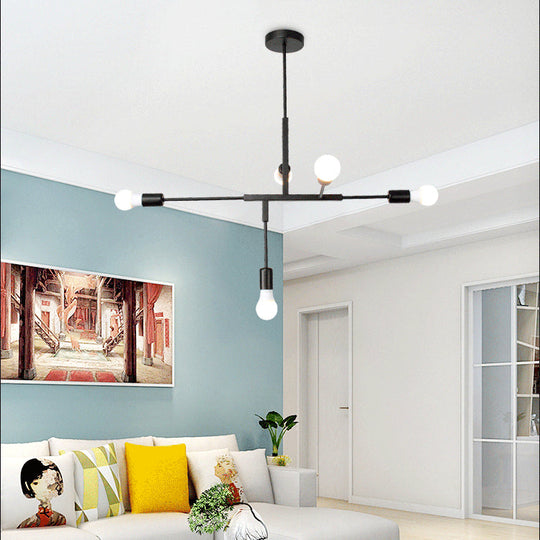 Industrial Style Iron 5-Light Hanging Chandelier With Exposed Bulbs - Black Finish For Living Room