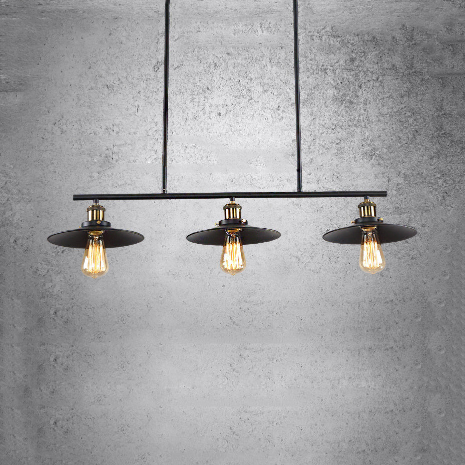 3-Light Island Pendant With Vintage Black Metal Shade - Industrial Indoor Lighting