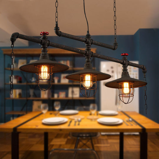 Rustic Cone Island Pendant Light With Wire Frame Pipe And 3 Bulbs - Dark Rust Iron Hanging