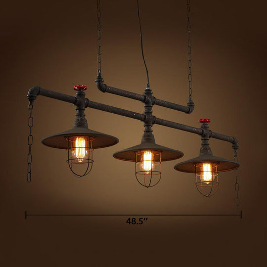 Rustic Cone Island Pendant Light With Wire Frame Pipe And 3 Bulbs - Dark Rust Iron Hanging