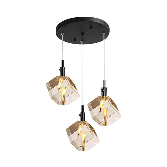 3-Head Clear Crystal Cube Pendant Light in Modern Black Design for Dining Room LED Suspension