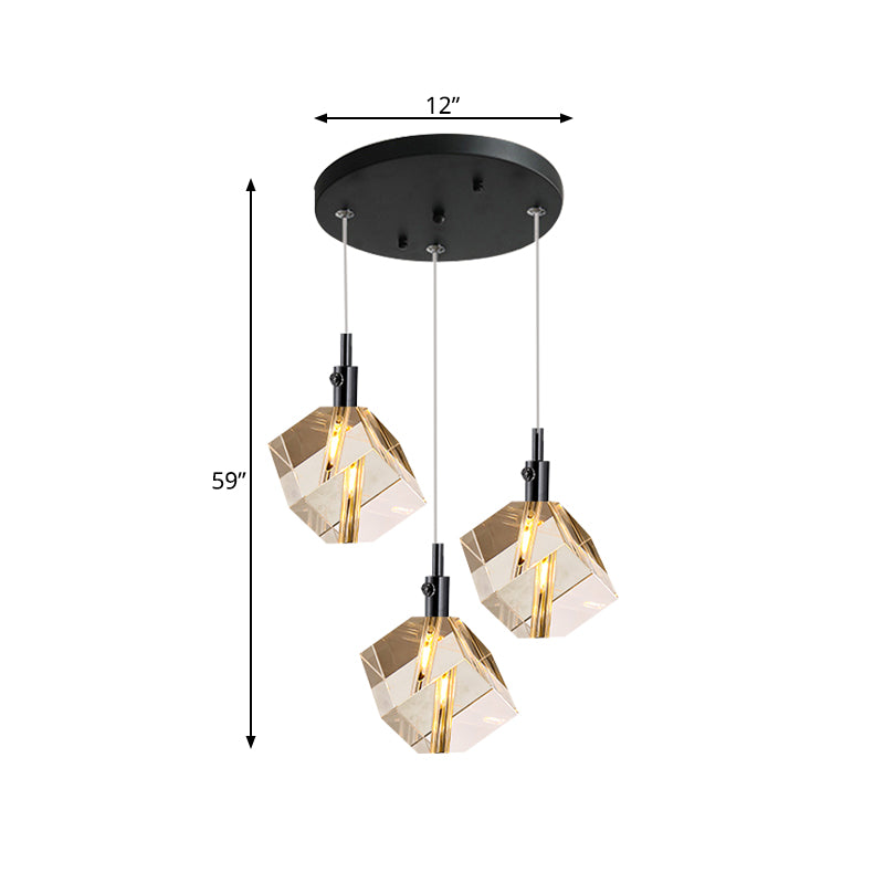 3-Head Clear Crystal Cube Pendant Light in Modern Black Design for Dining Room LED Suspension