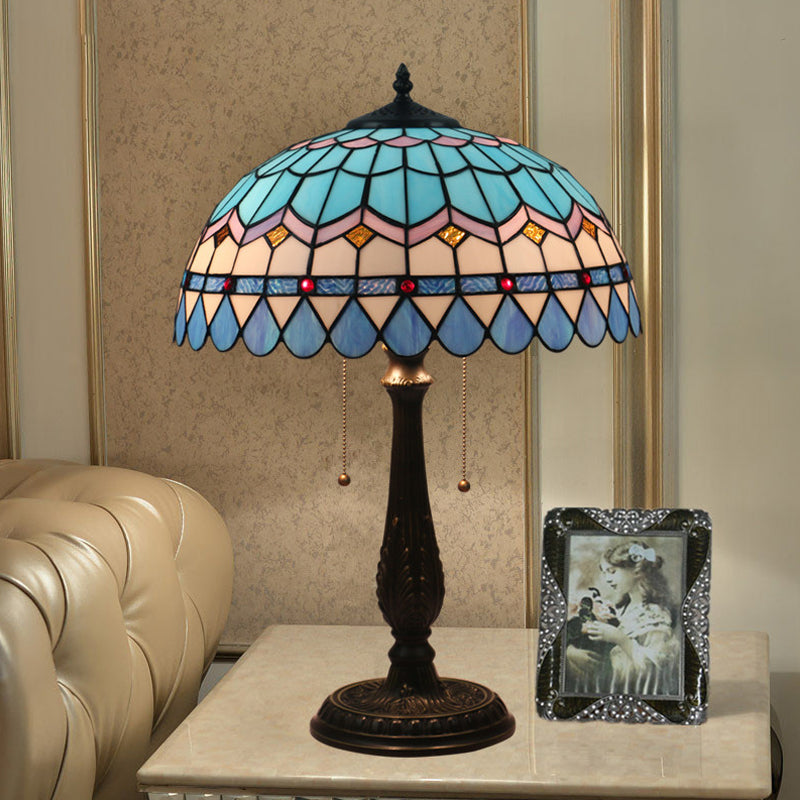 Tiffany Stained Glass Dome Pull Chain Nightstand Lamp - Bronze Finish