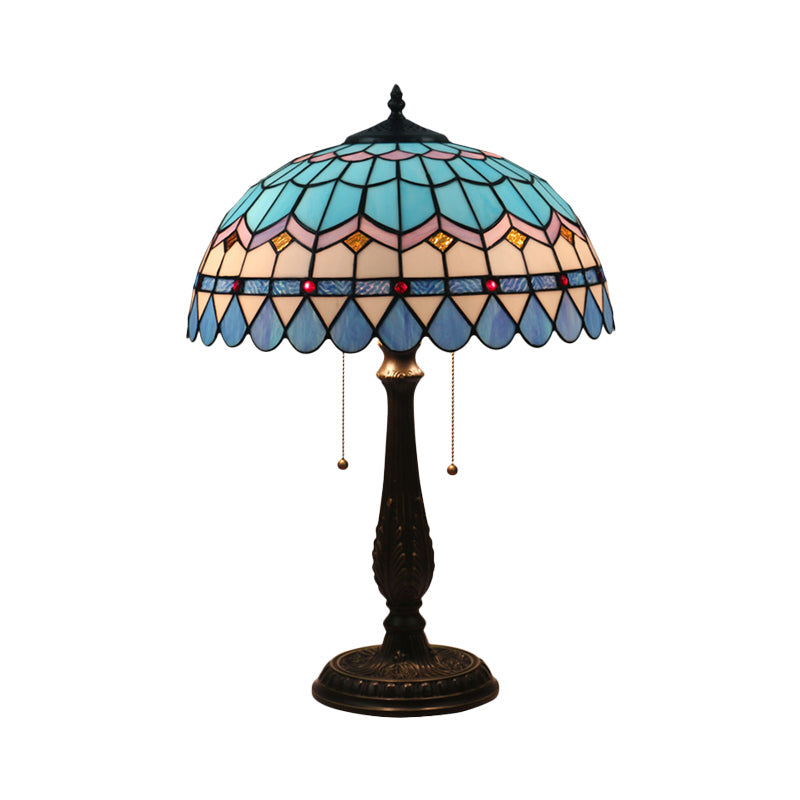 Tiffany Stained Glass Dome Pull Chain Nightstand Lamp - Bronze Finish