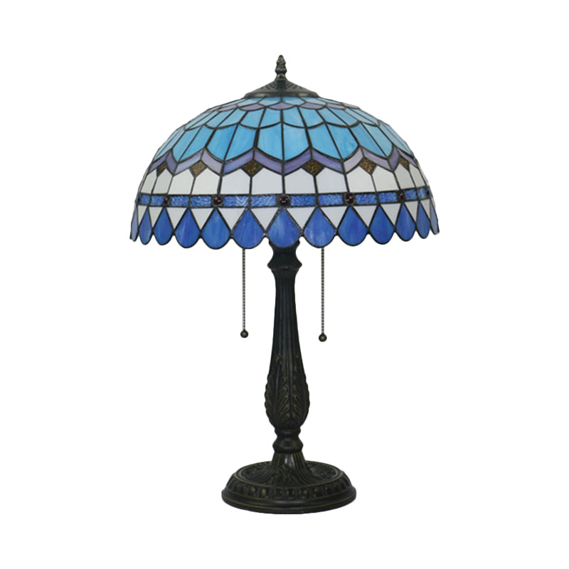 Tiffany Stained Glass Dome Pull Chain Nightstand Lamp - Bronze Finish