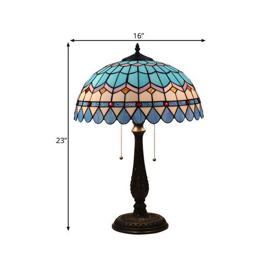 Tiffany Stained Glass Dome Pull Chain Nightstand Lamp - Bronze Finish