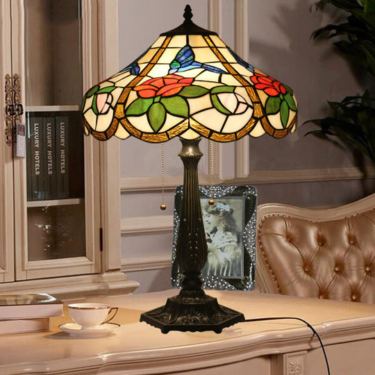 Mediterranean Bronze Petal Pattern Table Lamp With Pull Chain - 2 Bulb Bedroom Lighting