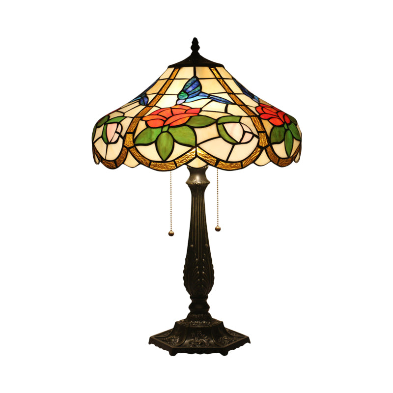 Mediterranean Bronze Petal Pattern Table Lamp With Pull Chain - 2 Bulb Bedroom Lighting