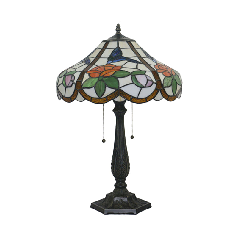 Mediterranean Bronze Petal Pattern Table Lamp With Pull Chain - 2 Bulb Bedroom Lighting