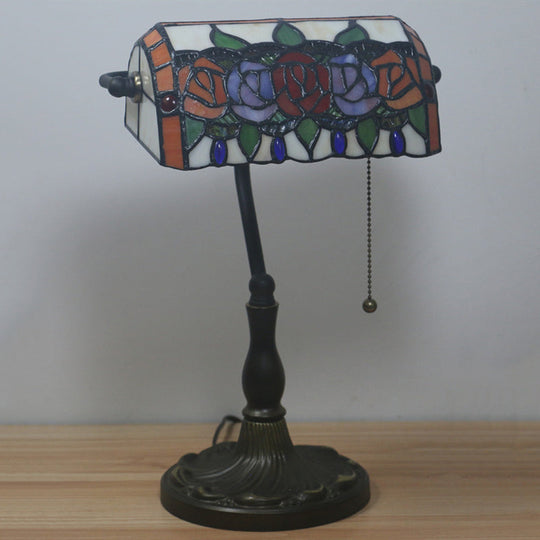 Bronze Mediterranean Stained Glass Desk Lamp With Rose Night Lighting