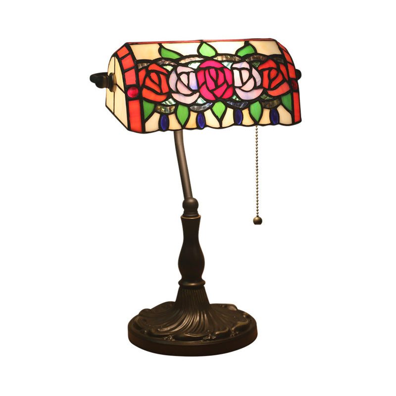 Bronze Mediterranean Stained Glass Desk Lamp With Rose Night Lighting