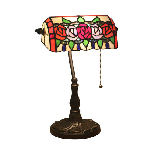 Bronze Mediterranean Stained Glass Desk Lamp With Rose Night Lighting