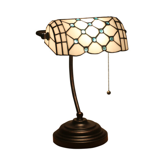 Jeweled Beige Glass Pull Chain Tiffany Style Table Lamp In Blue/Gold With Curved Arm