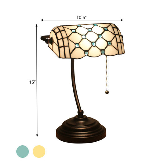 Jeweled Beige Glass Pull Chain Tiffany Style Table Lamp In Blue/Gold With Curved Arm