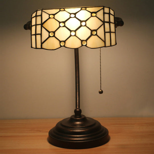 Jeweled Beige Glass Pull Chain Tiffany Style Table Lamp In Blue/Gold With Curved Arm Yellow