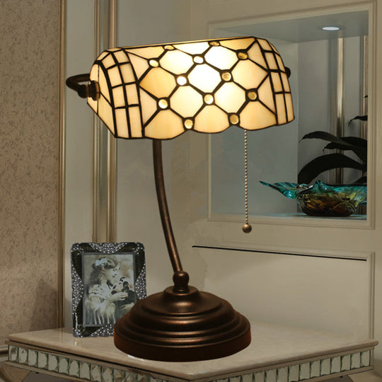 Jeweled Beige Glass Pull Chain Tiffany Style Table Lamp In Blue/Gold With Curved Arm