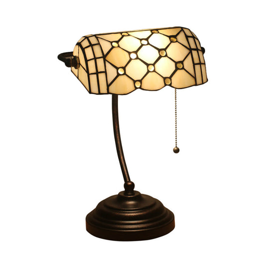 Jeweled Beige Glass Pull Chain Tiffany Style Table Lamp In Blue/Gold With Curved Arm