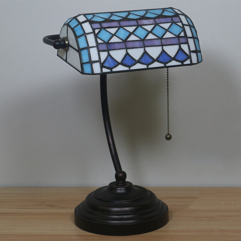 Tiffany Rhombus Patterned Desk Lamp With Cut Glass Pull Chain In Brown/Blue/Green/White Blue