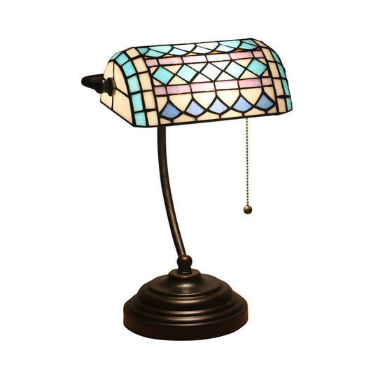 Tiffany Rhombus Patterned Desk Lamp With Cut Glass Pull Chain In Brown/Blue/Green/White