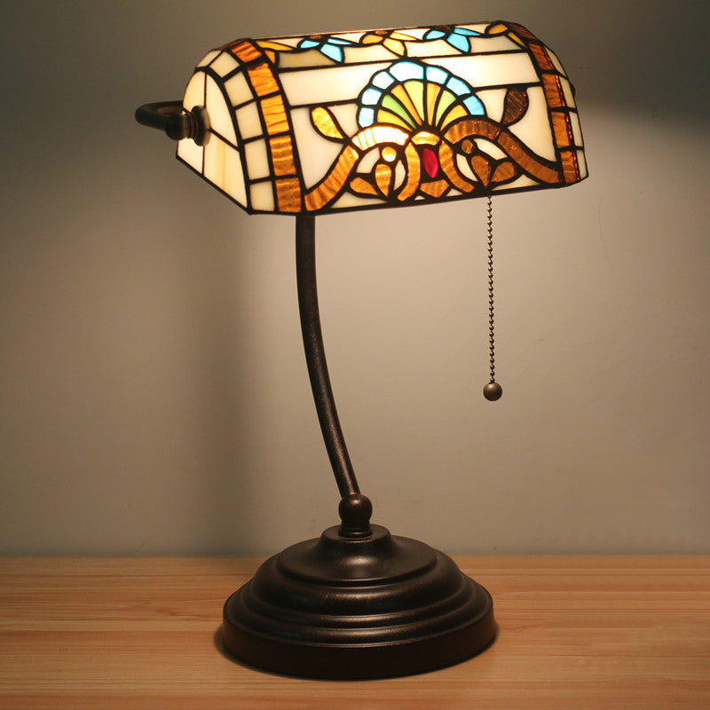 Tiffany Rhombus Patterned Desk Lamp With Cut Glass Pull Chain In Brown/Blue/Green/White Brown