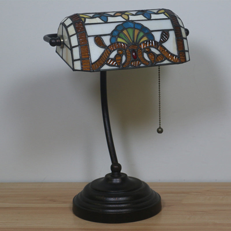 Tiffany Rhombus Patterned Desk Lamp With Cut Glass Pull Chain In Brown/Blue/Green/White